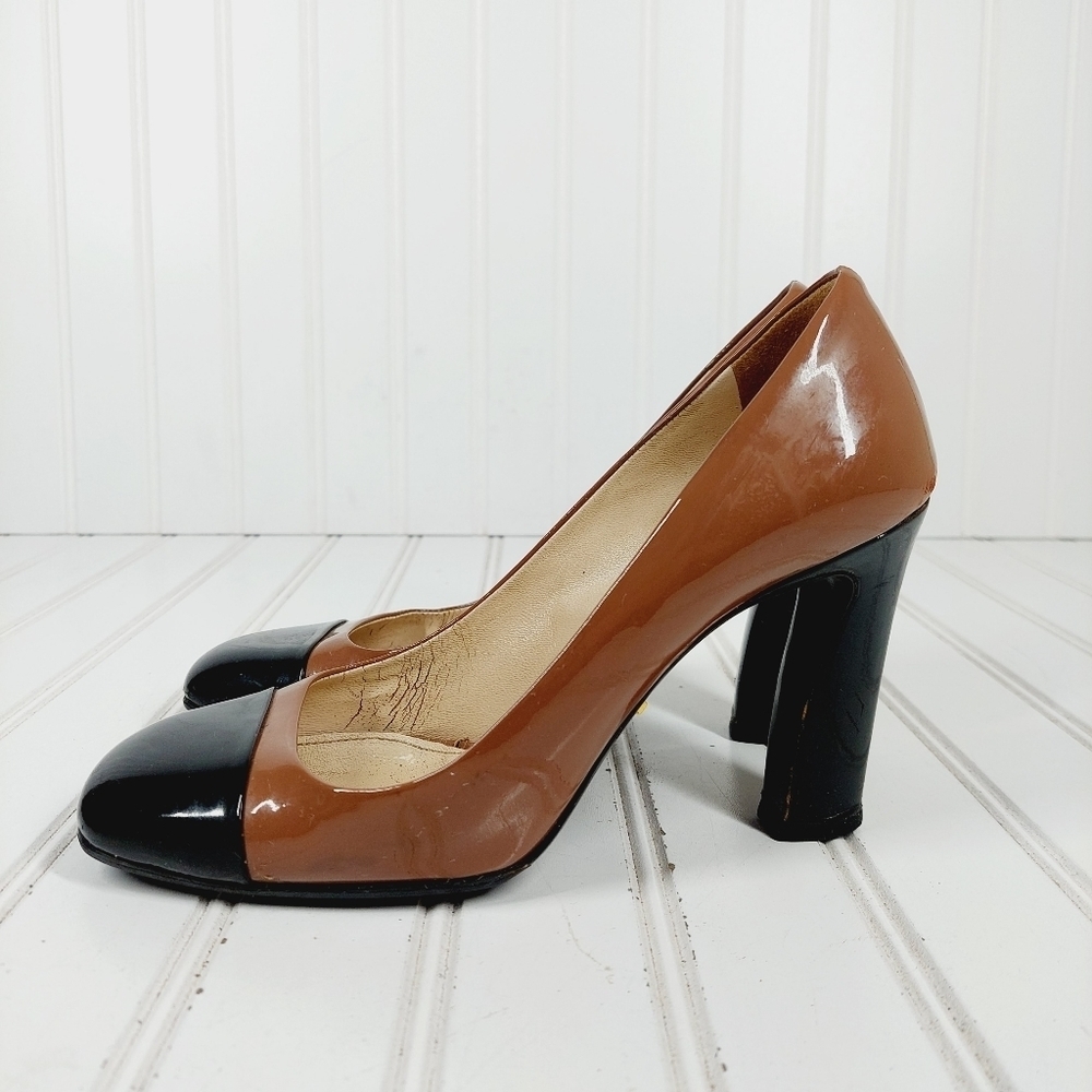Prada Black Brown Patent Leather Square Toe Slip On Block Heel Pumps B237 - Picture 2 of 15